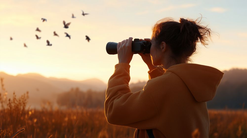 Eine Frau mit einem gelben Anorak steht auf einem Feld mit einem Fernglas zur Vogelbeobachtung. 