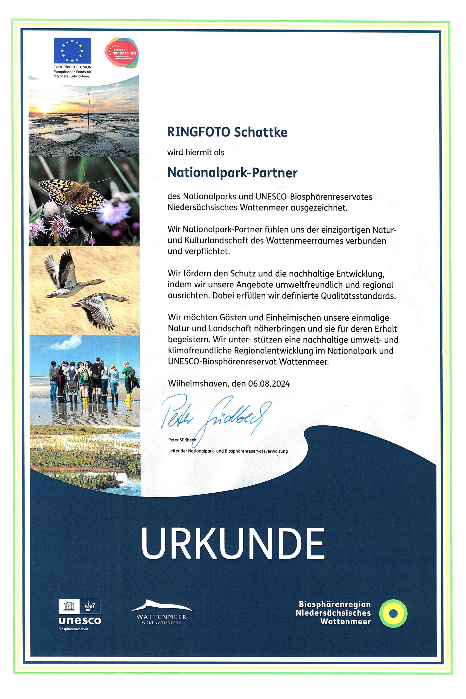 Urkunde zur Auszeichnung als Nationalpark-Partner – Engagement für Schutz und Förderung der Vogelbeobachtung im Wattenmeer.